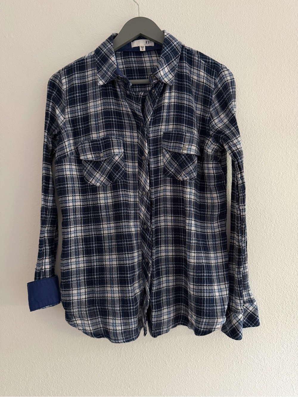 KUT from the Kloth Blue & White Plaid Shirt Snap Front - Womens Casual Top